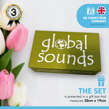 Load image into Gallery viewer, GLOBAL SOUNDS 5 PIECE MUSICAL INSTRUMENTS GIFT BOX | Includes, frog panpipes rainstick bird whistle | sample the musical delights and global sounds from Thailand, Indonesia and Peru