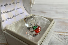 Load image into Gallery viewer, Thank you, teacher gift, with glass bear holding a red apple with thoughtful touching verse