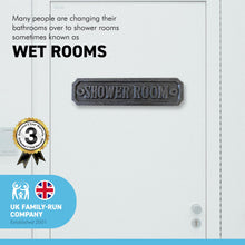 Load image into Gallery viewer, Cast Iron Antique Style SHOWER ROOM SIGN PLAQUE | 14.5cm (L) x 3cm (H) | supplied with Two Screws for Easy fixing