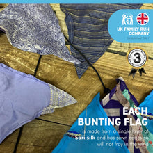 Load image into Gallery viewer, RECYCLED SARI FABRIC BUNTING | Purple colours | 5m long | Garland for Garden Wedding Birthday Indoor Outdoor Party Decoration Festival | Diwali bunting | Bohemian Bunting | Fair Trade