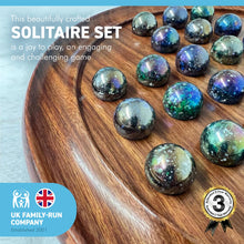 Load image into Gallery viewer, 30cm Diameter WOODEN SOLITAIRE BOARD GAME with JUPITER SPECKLED BLUE GREEN GLASS MARBLES