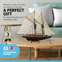 Load image into Gallery viewer, DETAILED WOODEN ASSEMBLED DISPLAY MODEL OF BLUENOSE CANADIAN FISHING RACING SCHOONER YACHT| Ready for display | adjustable rigging blocks sewn cotton sails | Length 80cm height 66cm