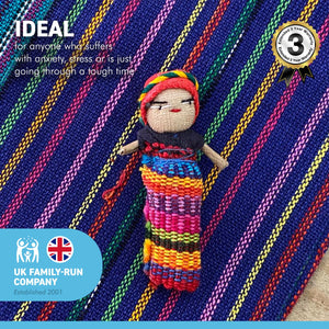 Set of 4 Guatemalan handmade Worry Dolls with a colourful crafted storage bag