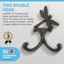Load image into Gallery viewer, Cast Iron Dragonfly Double Robe Hook | Cloakroom Hook | Decorative Double Hook |Height 130mm x Width 100mm x Depth 30mm | Fixing Screws Supplied