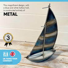 Load image into Gallery viewer, DECORATIVE MODEL METAL BERMUDA STYLE RIGGED ORNAMENTAL YACHT | Striped sails | 17cm (L) x 26cm (H) | Ready for display |Perfect for a nautical themed bathroom