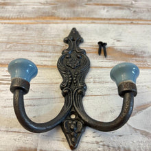 Load image into Gallery viewer, CAST IRON FRENCH STYLE DOUBLE ORNATE HOOKS | Duck Egg Blue Ceramic Ball Tops | Cloakroom Hook | Decorative Double Hook, hat and coat hook | 15cm x 11cm.