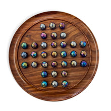 Load image into Gallery viewer, 30cm Diameter WOODEN SOLITAIRE BOARD GAME with LUSTERED BLUE GLASS MARBLES | classic wooden solitaire game | strategy board game | family board game | games for one | board games