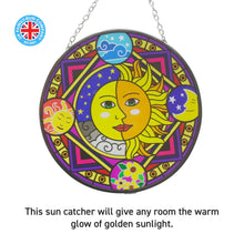 Load image into Gallery viewer, Glass sun catcher with sun and moon design with four seasons border | 150mm diameter with chain for hanging | colour catcher | window decoration | perfect for conservatory | living rooms | garden