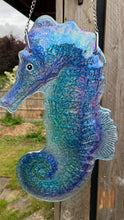 Load image into Gallery viewer, LARGE GLASS SEAHORSE WALL HANGING PLAQUE | Bathroom hanging ornament outdoor nautical glass decoration | Seaside décor | nautical décor | 44cm (L) x 26cm (W) | Bathroom wall art