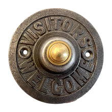 Load image into Gallery viewer, Cast iron traditional round Doorbell Push Button | Visitors welcome |8.5cm diameter | Brass push button with cast iron surround | Vintage style door bell push