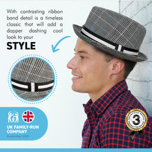Load image into Gallery viewer, Grey Rude Boy Ska Pork pie Hat with contrasting ribbon band detail| Size L / XL approx. 59cm / 60cm | US size 7 ½ | 100% Polyester | Unisex pork pie hat | Fedora trilby pork pie style