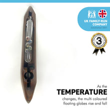 Load image into Gallery viewer, GALILEO THERMOMETER IN AN ANTIQUE FLYING SHUTTLE | Antique Shuttle originating from the textile Mills in Northern England | Weather station | Water Thermometer