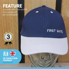 Load image into Gallery viewer, Adjustable FIRST MATE NAVY BLUE BASEBALL CAP | yachting cap | sailors cap | 100% cotton twill material | low profile front contrast peak