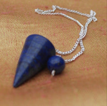 Load image into Gallery viewer, Lapis Lazuli smooth cone pendulum dowser on silver chain with  pendulum board
