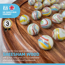 Load image into Gallery viewer, 30cm Diameter WOODEN SOLITAIRE BOARD GAME with GLASS Pan American WHITE MARBLES WITH MULTI COLOURED SWIRLS | classic wooden solitaire game | strategy board game | family board game | games for one