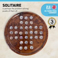 Load image into Gallery viewer, Wooden solitaire board game with pearlescent glass marbles Thuya wood | classic wooden solitaire game