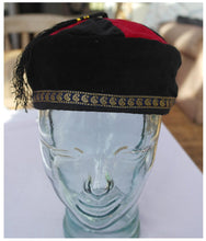 Load image into Gallery viewer, Red and Black Large cotton smoking / thinking / lounging cap with tassel