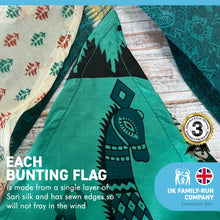 Load image into Gallery viewer, RECYCLED SARI FABRIC BUNTING | Green colours | 5m long | Garland for Garden Wedding Birthday Indoor Outdoor Party Decoration Festival | Diwali bunting | Bohemian Bunting