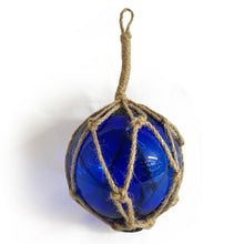 Load image into Gallery viewer, OCEAN BLUE GLASS FISHING FLOAT ORNAMENTAL SEA BUOY | hand blown | nautical seafaring fishing rustic décor | 10cm diameter | with rustic brown string netting and hanging loop | Japanese style glass fishing floats