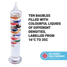 Load image into Gallery viewer, Large 44cm tall Free standing Galileo thermometer in Gift packaging
