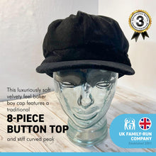Load image into Gallery viewer, Unisex velvet feel baker boy newsboy style cap | 100% Polyester | Elasticated one size | Gatsby flat cap | Luxuriously soft velvety feel baker boy cap | Fisherman cap