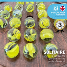 Load image into Gallery viewer, 22cm Diameter WOODEN SOLITAIRE BOARD GAME with BRILLIANT YELLOW GLASS MARBLES