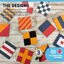 Load image into Gallery viewer, Wooden maritime signal flags bunting | Set of 12 flags 9cm x 9cm | Overall length 160cm | Naval Themed Decoration Pennant Banners for Home | Boat | Ship | Vessel | Birthday Indoor Outdoor Party