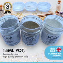 Load image into Gallery viewer, WOW! 3 piece Embossing Glitter Winter Collection| 3 x 15ml pots | Silver Sparkle Silver Snow and Metallic Gold Rich| Free your creativity and enhance your card making sparkle | High-quality and NON-TOXIC
