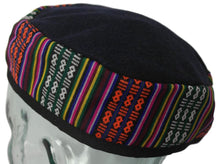 Load image into Gallery viewer, Blue Tibetan Trim smoking / thinking / lounging cap with multicoloured  band Size Large