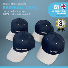 Load image into Gallery viewer, SET OF 4 NAUTICAL CAPS | CAPTAIN SKIPPER FIRST MATE and CREW Hats for the whole team