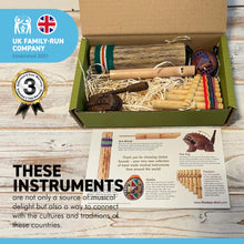 Load image into Gallery viewer, GLOBAL SOUNDS 5 PIECE MUSICAL INSTRUMENTS GIFT BOX | Includes, frog panpipes rainstick bird whistle | sample the musical delights and global sounds from Thailand, Indonesia and Peru