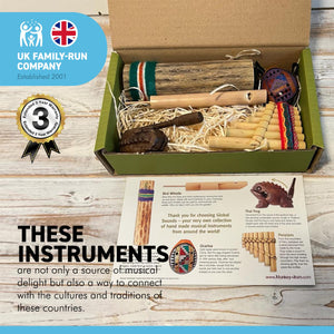 GLOBAL SOUNDS 5 PIECE MUSICAL INSTRUMENTS GIFT BOX | Includes, frog panpipes rainstick bird whistle | sample the musical delights and global sounds from Thailand, Indonesia and Peru