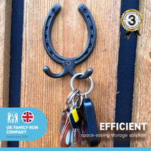 Load image into Gallery viewer, Handcrafted cast iron antique style HORSESHOE DOUBLE ROBE HOOK for hanging coats dog leads cabin hooks Bridle hooks