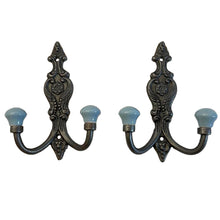 Load image into Gallery viewer, Set of 2 CAST IRON FRENCH STYLE DOUBLE ORNATE HOOKS | Duck Egg Blue Ceramic Ball Tops | Cloakroom Hook | Decorative Double Hook, hat and coat hook | 15cm x 11cm. .