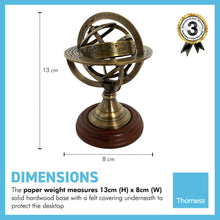Load image into Gallery viewer, ARMILLARY SPHERE PAPERWEIGHT | NAUTICAL ORNAMENTAL PAPER WEIGHT | 13cm high | Revolving centre | Nautical gifts for desk | Machined brass mounted on hardwood |mantelpiece ornament