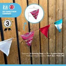 Load image into Gallery viewer, Recycled Sari Fabric RECYCLED SARI FABRIC BUNTING | Red colours | 5m long | Garland for Garden Wedding Birthday Indoor Outdoor Party Decoration Festival | Diwali bunting | Bohemian Bunting- Deep Reds 5m Long Festival Flags- Garland - Party Decoration