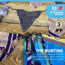 Load image into Gallery viewer, RECYCLED SARI FABRIC BUNTING | Purple colours | 5m long | Garland for Garden Wedding Birthday Indoor Outdoor Party Decoration Festival | Diwali bunting | Bohemian Bunting | Fair Trade