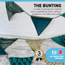 Load image into Gallery viewer, RECYCLED SARI FABRIC BUNTING | Green colours | 5m long | Garland for Garden Wedding Birthday Indoor Outdoor Party Decoration Festival | Diwali bunting | Bohemian Bunting