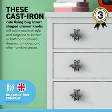 Load image into Gallery viewer, Pack of 4 CAST IRON CUTE FLYING BUG INSECT SHAPED DRAWER KNOBS for Kitchen cupboards | Cast Iron Antique style finish | Vintage charm meets modern functionality | 4.5cm wide x 2cm depth