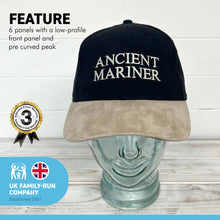 Load image into Gallery viewer, Adjustable size ANCIENT MARINER BLACK BASEBALL CAP | yachting cap | sailors cap | 100% cotton twill material | low profile front contrast peak | six panel hat