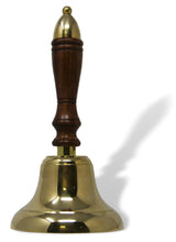 Load image into Gallery viewer, Wooden handled Solid Brass School Hand Bell with Split Ring Attachment | Dinner | Reception| School | Last Orders | Library Bell | Fire Bell | Christmas bell | 29cm high x 13cm diameter