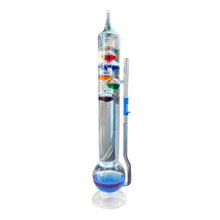 Load image into Gallery viewer, 33cm Tall GLASS GALILEO THERMOMETER with five coloured floating bauble globes | Centigrade and Fahrenheit display| Weather station | Barometer | Storm Glass | desk gadget