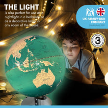 Load image into Gallery viewer, 30cm diameter Turquoise Oceans illuminated globe with sturdy metal base | Interactive study globe | illuminated globes of earth | 30cm (w) x 40cm (h) | Illuminated globe for Children and Adults.