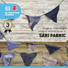 Load image into Gallery viewer, RECYCLED SARI FABRIC BUNTING | Purple colours | 5m long | Garland for Garden Wedding Birthday Indoor Outdoor Party Decoration Festival | Diwali bunting | Bohemian Bunting | Fair Trade