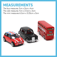 Load image into Gallery viewer, Three Piece Iconic London die cast toy car set includes Taxi, Red London double decker bus and BMW Mini / London souvenirs / Union Jack flag / Holiday gifts / British Gifts