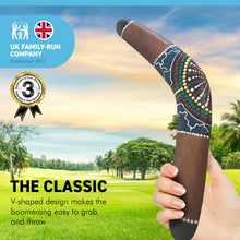 Load image into Gallery viewer, Decorative Wooden Boomerang | Colourful Aboriginal Style Dot Painted | 40 cm length | Decorative |suitable for garden or Park | classic V-shaped design makes the boomerang easy to handle