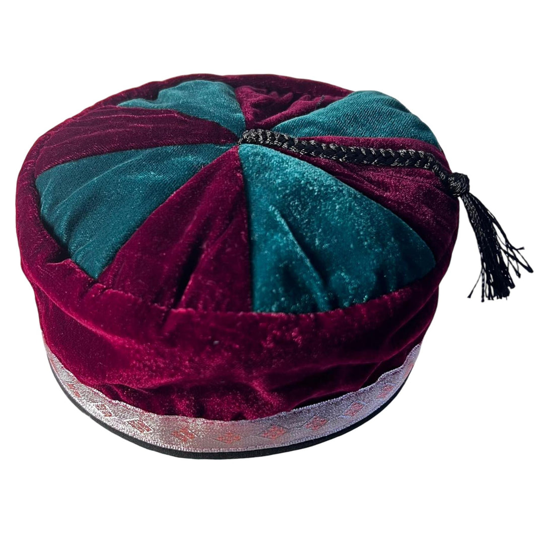 Size 56cm, small, Handmade Nepalese maroon and deep green velvet Smoking Cap with traditional Tibetan design, lightweight, stylish design