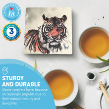 Load image into Gallery viewer, TIGER STONE COASTER | Stone Coasters | Animal novelty gift | Coaster for glass, mugs and cups| Square coaster for drinks | Tiger gift | Meg Hawkins art | 10cm x 10cm
