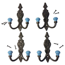 Load image into Gallery viewer, Set of 4 𝗙𝗥𝗘𝗡𝗖𝗛 𝗦𝗧𝗬𝗟𝗘 𝗖𝗔𝗦𝗧 𝗜𝗥𝗢𝗡 𝗗𝗢𝗨𝗕𝗟𝗘 𝗛𝗢𝗢𝗞𝗦 – Duck Egg Blue Ceramic Tops, Wall Coat Hooks for Hallway, Cloakroom, Bedroom
