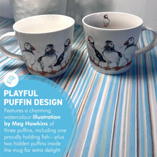 Load image into Gallery viewer, Pair of Puffin Trio Mugs, 100% Bone China, Gift for Nature Lovers, Coastal Home Decor
